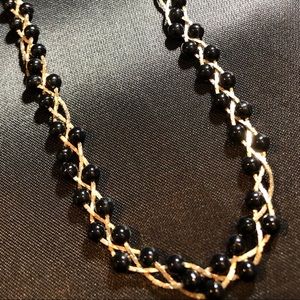 Silver Tone and Black Bead Criss Cross Necklace